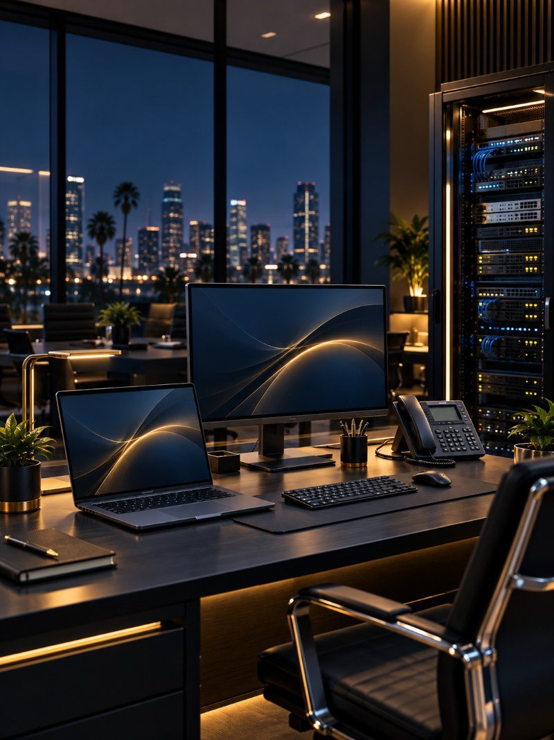 An office workstation at night with a monitor, laptop and desk phone beside a lit server rack, overlooking the Los Angeles skyline