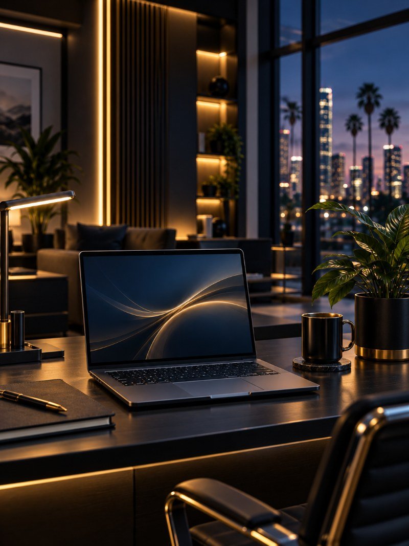 A laptop, monitor, router and phone arranged on a desk in a softly lit office, with a lounge area behind and city towers beyond the glass