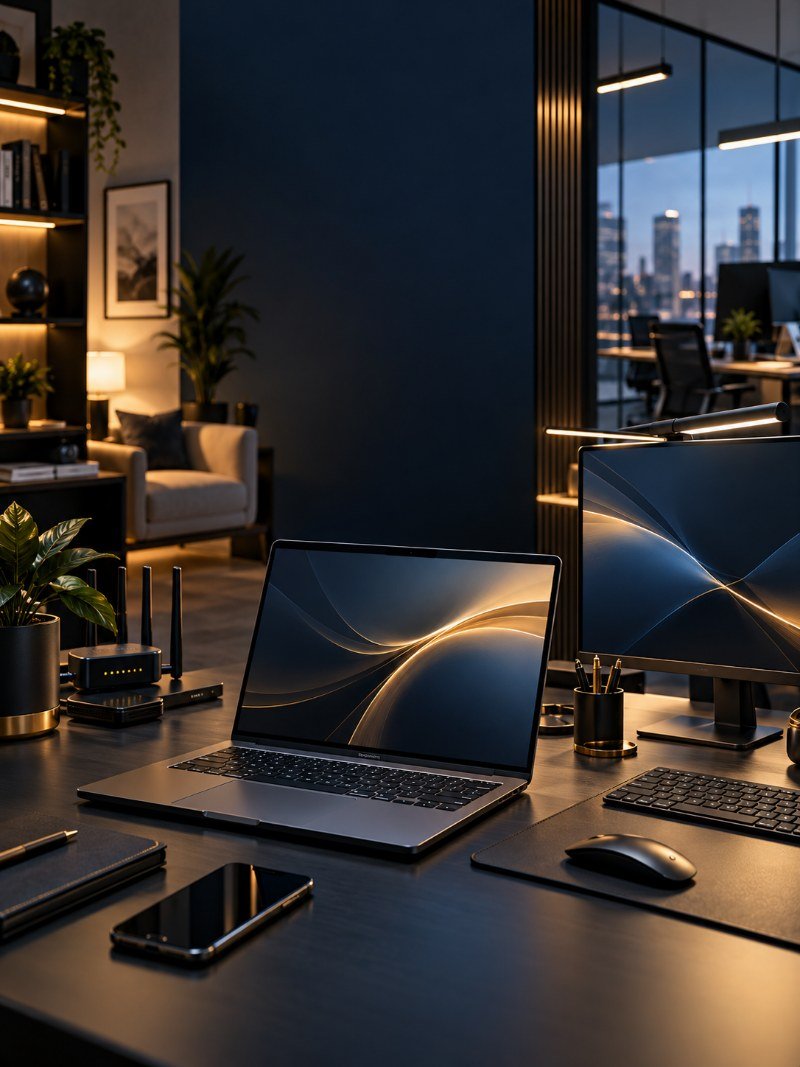 A laptop on a dark wood desk in a warmly lit home office at dusk, with the Los Angeles skyline and palm trees through the window