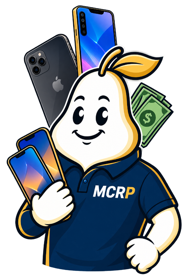 The MCRP pear mascot in a branded navy polo shirt holding smartphones and cash, representing the Cash for Phones buy-back service