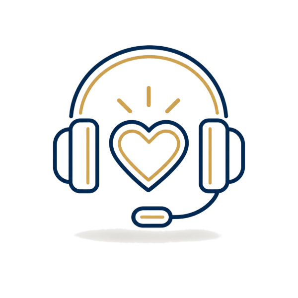 Line illustration of a support headset with a heart, representing ongoing customer care