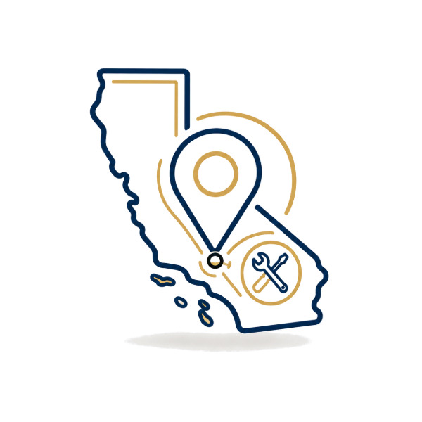 Line illustration of the state of California with a location pin and repair tools over the Los Angeles region