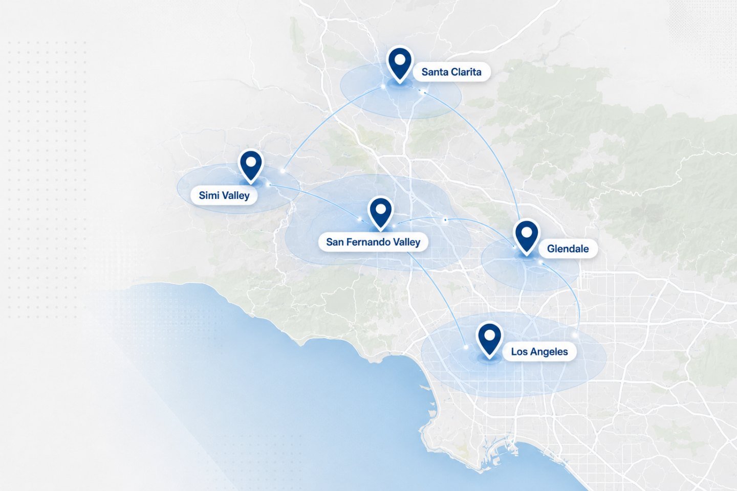 Map of the Los Angeles area marking the five MCRP on-site service areas: Santa Clarita, Simi Valley, San Fernando Valley, Glendale and Los Angeles