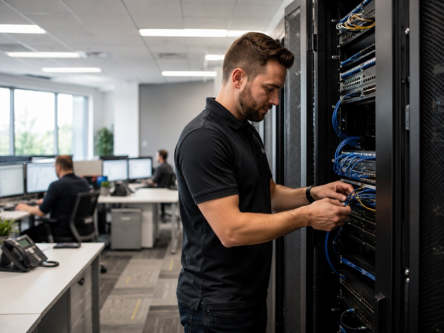 MCRP technician connecting network cabling in a server rack inside a working office