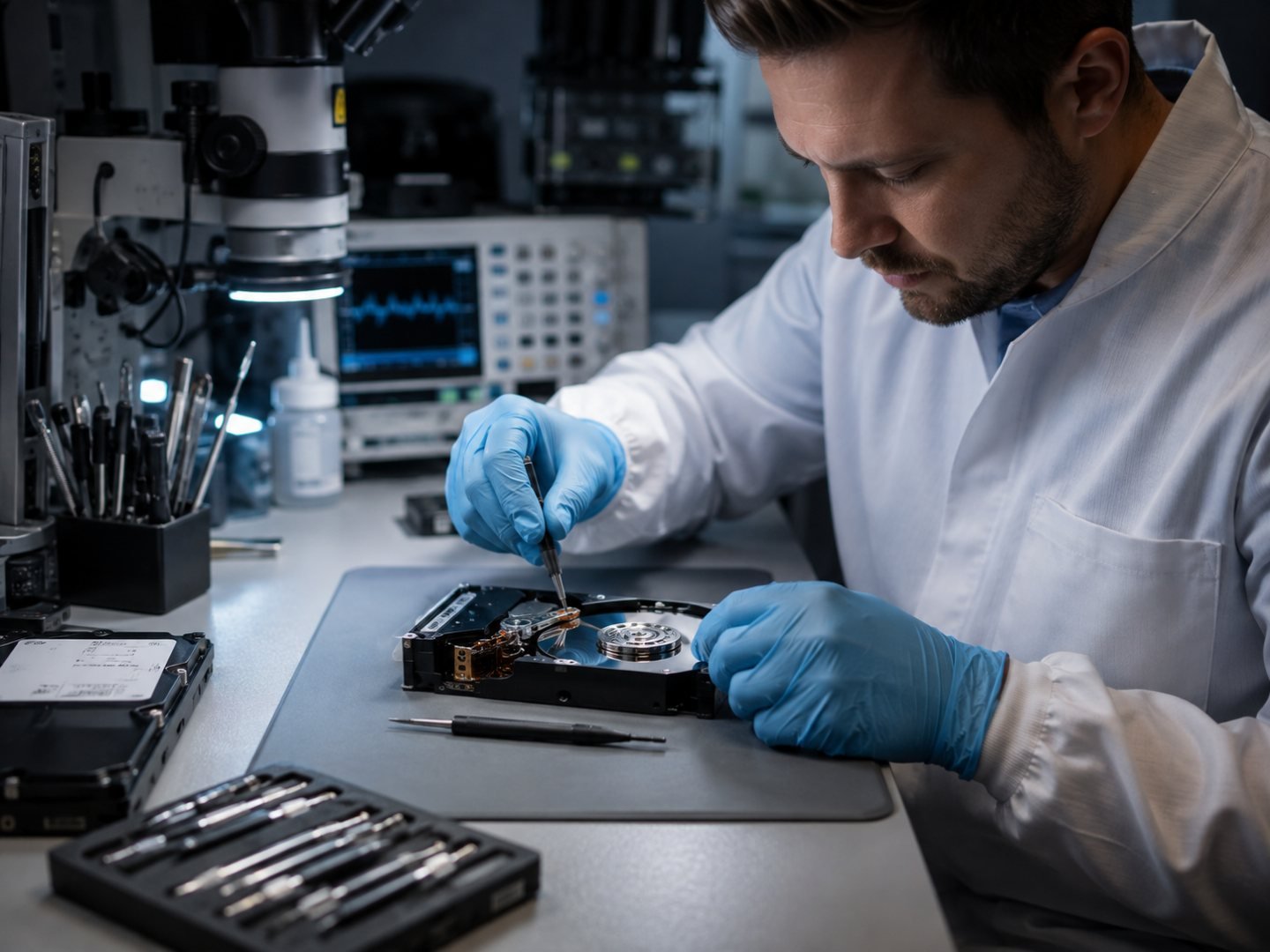 MCRP specialist examining a hard drive at the data recovery bench
