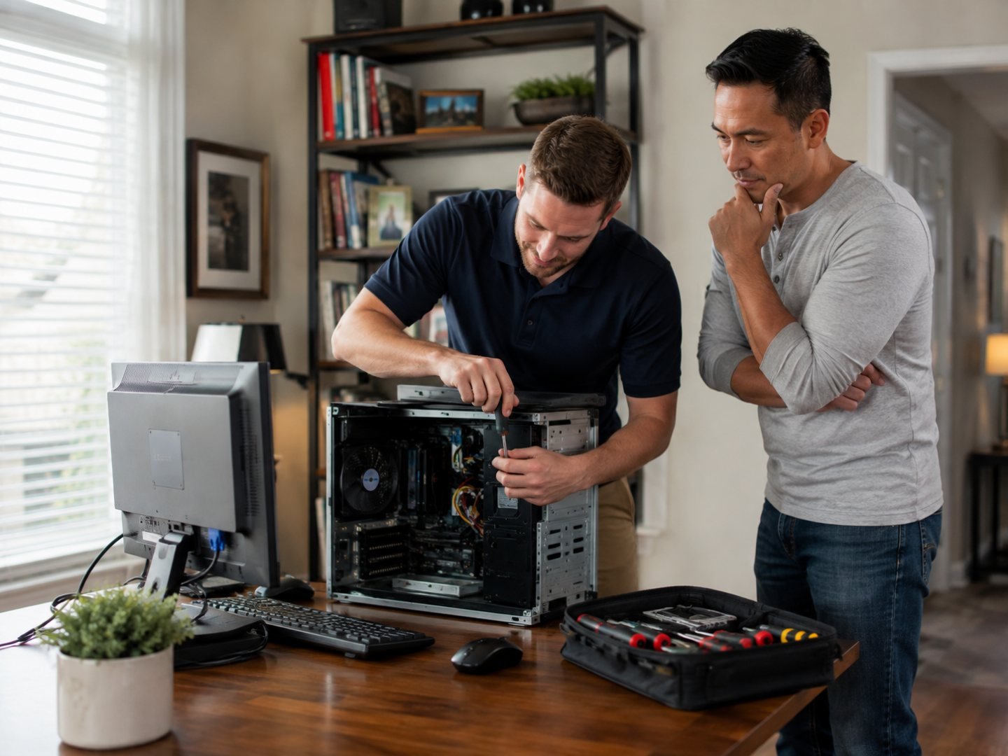MCRP technician repairing a desktop computer at a customer's home office while the customer watches