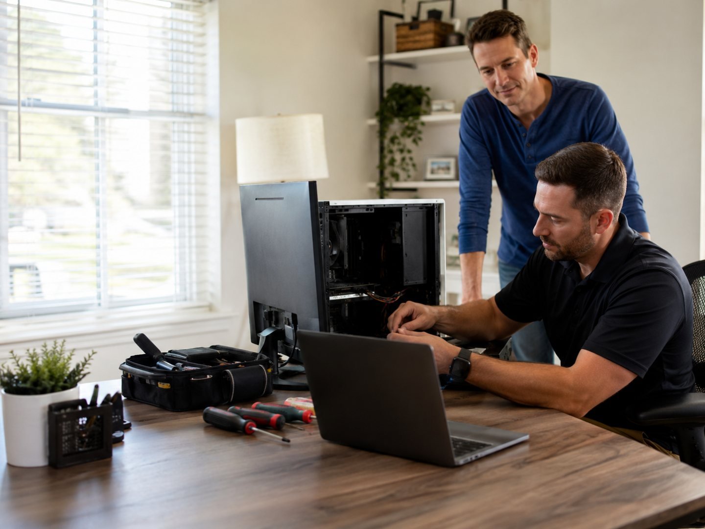 MCRP technician seated at a home-office desk working inside an open desktop tower while the homeowner watches