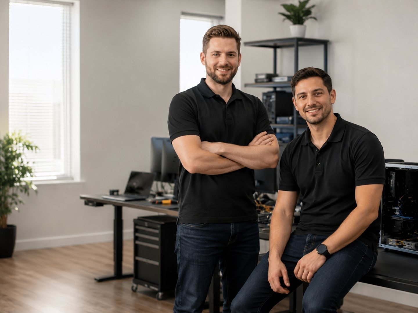 Two MCRP technicians in branded polo shirts in the workshop beside an open desktop computer