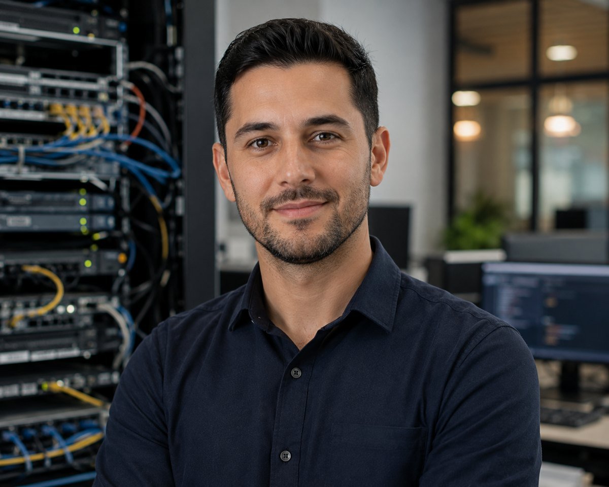 MCRP technician in a navy shirt in front of a patched network rack in an office comms room