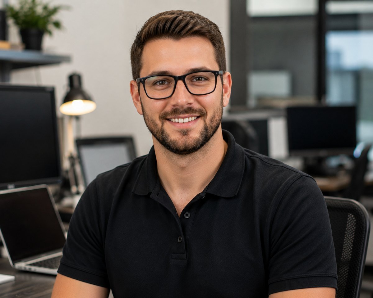 MCRP technician in a black polo and glasses at an office desk with a laptop and monitors