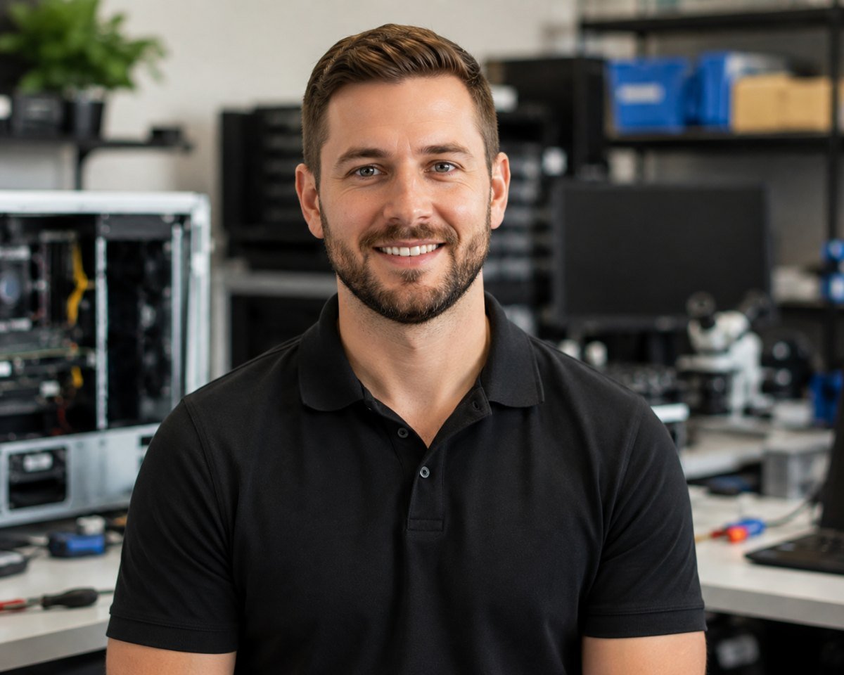 MCRP technician in a black polo at a repair bench beside an open desktop tower
