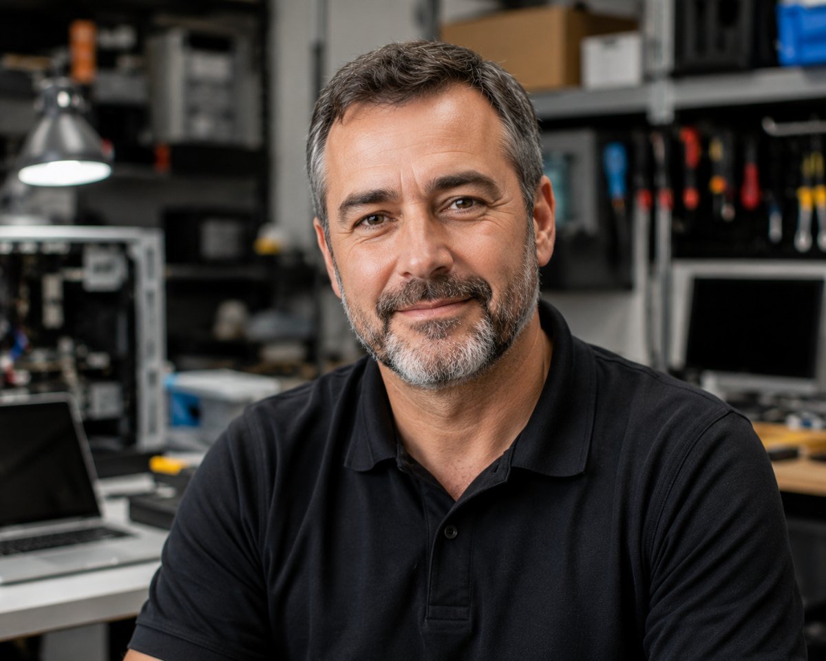 Experienced MCRP technician in a black polo at a workshop bench with a laptop and a tool wall behind