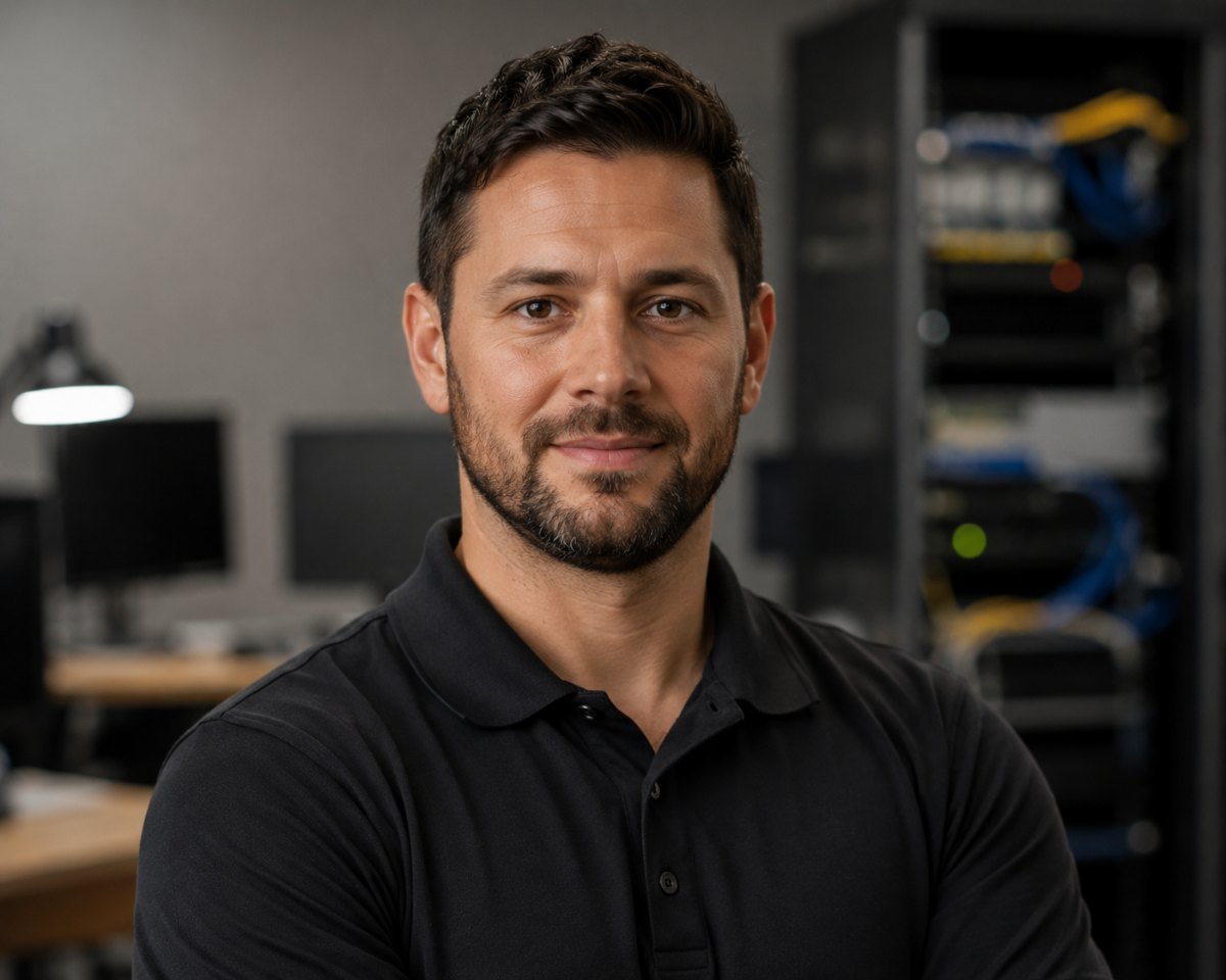 MCRP technician in a black polo beside a cabled server rack in an office workspace